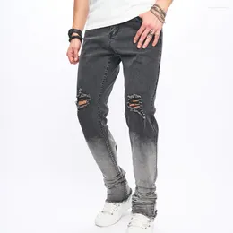 Men's Jeans Stylish Gradient Holes Distressed Men Slim Micro Flared Pants Male Ripped Stretch Casual Denim Trousers For