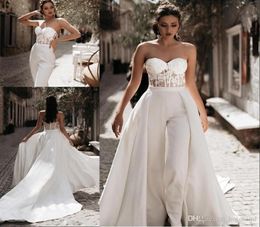 Modest Jumpsuit Beach Wedding Dresses with Detachable Train Sweetheart Pants Satin Lace Appliques Country Mother Bridal Gowns2497561