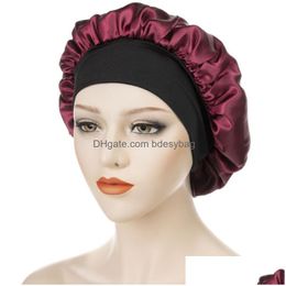 Beanie/Skull Caps Wide Band Satin Night Hat Beanie For Women Lady Solid Color Elastic Sleep Hair Care Decor Fashion Accessories Drop D Dheod