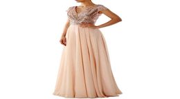 Rose Gold Sequin Bridesmaid Dress Country Style Floor Length Chiffon Formal Prom Dresses V Neck Evening Gown76103816857828