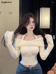 Women's Sweaters Chic Halter Knitted Pullovers Women Fashion Sexy Off Shoulder Slim Leisure Young All-match Tops Ladies Flare Sleeve Soft