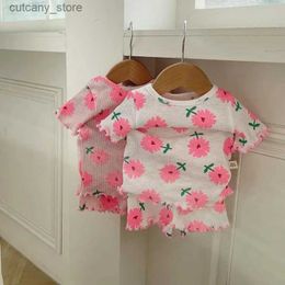 T-shirts 2023 Summer New Baby Short Sleeve Clothes Set Infant Girl Flower Print Pyjamas Tops Pants 2pcs Suit Children Casual Outfits L240311