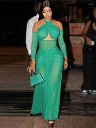 Casual Dresses Sexy Green Mesh See Through Maxi Dress Elegant Solid Cross Halter Backless Bodycon Fashion Ladies Party Club Outfit