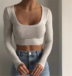 Women's T Shirts Women Long Sleeve Off Shoulder Slim Crop Tops Spring Fall Casual Square Neck Simple Solid Colour Basic T-Shirt Streetwear