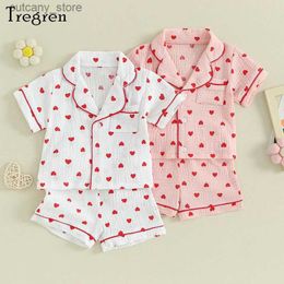 T-shirts Tregren Toddler Baby Girl Pyjama Set Valentines Day Clothes Kids Heart Print Short Sleeve T-Shirt Tops + Shorts 2pcs Sleepwear L240311