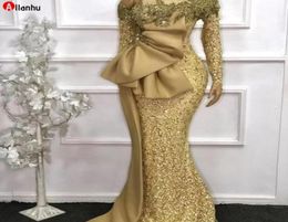 2022 elegante Afrikanische Stil Spitze Meerjungfrau Abendkleider Plus Größe Gold Pailletten Lange Ärmel Perlen Prom Party Kleider Robe De soiree3574876