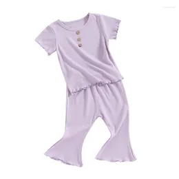 Clothing Sets Toddler Girl Summer Clothes Short Sleeve Ribbed Ruffle Cuffs T-shirt Top Bell Bottoms Set 2pcs Baby Girls Outfits