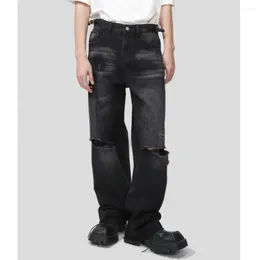 Jeans masculinos 2024 primavera coreano vintage conceber buracos de lavagem alta rua moda hip hop algodão solto casual cor sólida