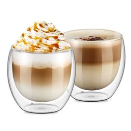 Set of 2 Double Wall Coffee Glasses Cups 250 millilitre 8 5 Ounce Double Layer Insulated Glasses Glass Tea Latte Glasses Cups Drin261D