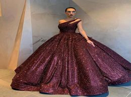 Burgundy Sleeveless Evening Dresses Ball Gown Sequined One Shoulder Formal Women Holiday Wear Celebrity Party Gowns Plus Size Cust4855692