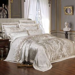 Sliver Gold Luxury Silk Satin Jacquard duvet cover bedding set queen king size Embroidery bed set bed sheet Fitted sheet set T2001233q