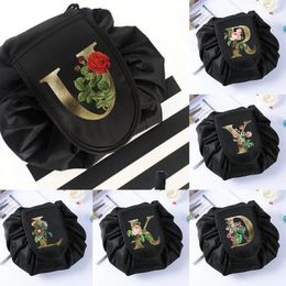 Cosmetic Bags Women Drawstring Travel Bag Makeup Organiser Golden Flower Letter Print Storage Pouch Toiletry Beauty Box Foldable