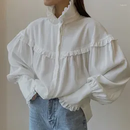 Women's Blouses TARUXY Ruffle Loose Shirts For Women 2024 Spring White Turtleneck Long Sleeve Shirt Street Casual Oversized Femme