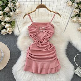 Casual Dresses Falda Sexy Mujer Spaghetti Strap Flounced Edge Solid Colour Dress For Women Folds Summer Sleeveless Vestidos A-line Drop