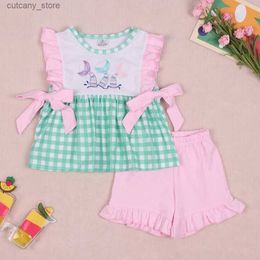 T-shirts 2023 New Childrens T-shirt Short Sleeve Summer Girls Fishtail Embroidery Green Lattice Top Clothes And Pink Shorts Baby Sets L240311