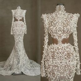 Glamorous Pearls Mermaid Wedding Dress Crystal High Neck Bridal Gowns Applique Long Sleeve Illusion Bride Dresses Sweep Train Custom Made