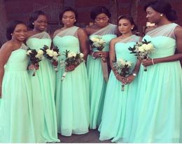 Simple Summer Mint Green Chiffon Bridesmaid Dresses Garden A Line Pleats Long Wedding Guest Gowns Plus Size8101268