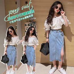 Clothing Sets Summer Girls Denim Skirt Set White Puff Sleeve Short Shirt Split Two Pieces Teenage Kids Outfits 6 To 14 Yrs