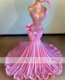 흑인 소녀를위한 다이아몬드 긴 섹시한 핑크 댄스 파티 드레스 반짝이는 구슬 크리스탈 라인톤 생일 파티 가운 로브 드 발