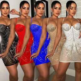 Fashion Pintong Casual Dresses Sexy Nightclub Rhinestone See Through Strap Dress Womens Clothing