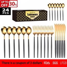 Dinnerware Sets 24Pcs Cutlery Set Stainless Knife Fork Spoon Flatware Steel Gold Color Dishwasher Gift Box Kitchenware309A