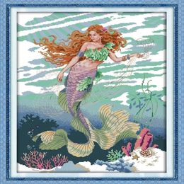 Mermaid beautiful girl home decor painting Handmade Cross Stitch Embroidery Needlework sets counted print on canvas DMC 14CT 11C307o