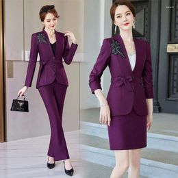 Women's Two Piece Pants Long Sleeve Fashion Elegant Purple Skirt Suit El Uniforms Slim Fit Sexy Princess Dress Black Formal Western