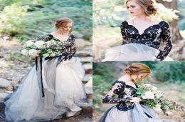 2020 Newest Black Wedding Dresses With Long Sleeve V Neck A Line Lace Appliques Puffy Tulle Backless Rustic Style Bridal Gown Cust3797684