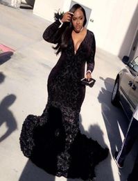 Mermaid Plus Size Prom Dresses Black Girls Lace Plunging V Neck Long Sleeve Evening Gowns With 3D Flowers 20197999198