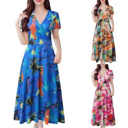 Casual Dresses 2024 Summer Woman Beach O Neck Short Sleeve Bohemian Floral Print Plain Fit T Shirt Dress Vestidos Para Mujer