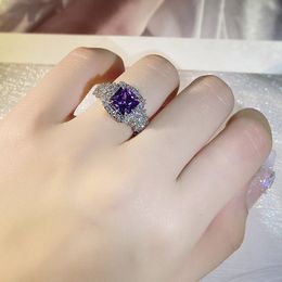 Top Colourful Gemstone Ring Women's Light Luxury High-Grade Super Shiny Luxurious Inlaid Purple Gemstone Bright Full Diamond All-Matching