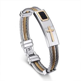 Fashion Male Cross Cable Bangles Twisted Colour Gold Stainless Steel Jesus Cross Charm Cuff Wire Bracelets Jewellery For Men 240228