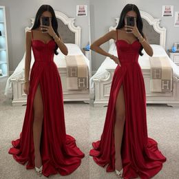 Sexy Red a line Prom Dress satin spaghetti evening dresses elegant bodice pleats backless Formal dresses for special occasions split robe de soiree