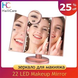 22 LED Touch Screen Makeup Mirror 1X 2X 3X 10X Magnifying Mirrors 4 in 1 Tri-Folded Desktop Mirror Lights Health Beauty Tool Y2001290O