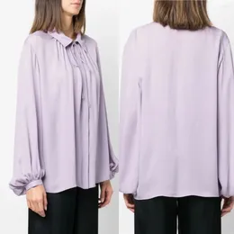 Women's Blouses 2024 Spring Top End Women Fashion Silk Long Lantern Sleeve Blouse Elegant Lady OL All Match Single Breasted Polo Collar