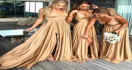 2019 Sexy Long Gold Bridesmaid Dresses Deep V Neck Empire Split Side Floor Length Champagne Beach Boho Wedding Guest Dresses1184009