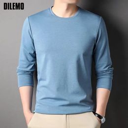 Top Grade Mulberry Silk 52 Fashion Brand 2023 Designer Luxury Men t Shirt Long Sleeve Solid Color Tops Casual Mens Clothes 240304