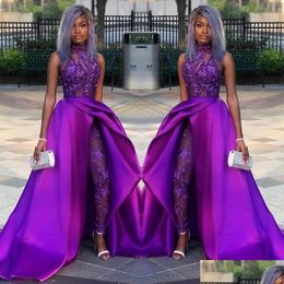 Prom Dresses 2022 Purple Jumpsuits With Detachable Train High Neck Lace Appliqued Bead Evening Gowns Luxury African Party Gowns265H Dhqig