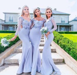 2021 Off Shoulder Satin Lac Mermaid Long Bridesmaid Dresses Long Sleeves Lace 3D Flowers Maid Of Honour Dresses9359824