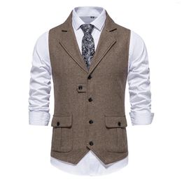 Men's Vests Fashion V-neck Double Breasted Herringbone Tweed Suit Vest Mens Casual Striped Waistcoat Punk Groomman Wedding