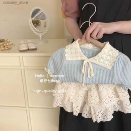 T-shirts Summer New Baby Kids Sweater Sut Korean Style Baby Girls Thin Knitted Ruffles Hollow Out Sweaters+shorts Kids Pullovers Tops Sut L240311