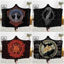 Customized 3D printed hooded blanket can be worn on flannel lamb cashmere cloak Viking totem theme Custom DIY Thin Quilt Sofa blan206S