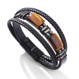 Natural Stone Tiger Eye PU Leather Bracelet Hand Woven Multilayer Bracelets Bangle Cuff Wristband for Men Hip Hop Jewellery
