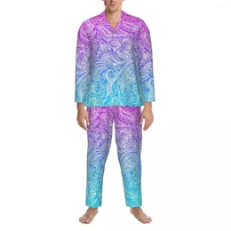 Men's Sleepwear Pyjamas Men Pink To Blue Home White Floral Paisley 2 Pieces Casual Loose Pyjama Set Trendy Oversized Suit