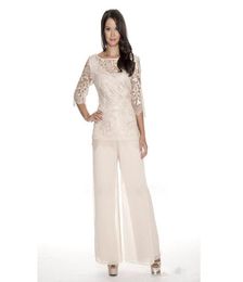 High Quality Lace Mother Of The Bride Pant Suits Sheer Bateau Neck Wedding Guest Dress Two Pieces Plus Size Chiffon Mothers Groom 4328849