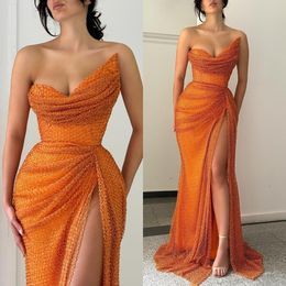 Sexy orange mermaid prom dress ogstuff strapless formal evening dresses elegant pleats net party gowns for special occasions split robe de soiree