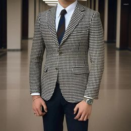 Men's Suits Plaid Blazer For Men Slim Fit Casual Houndstooth Suit Jacket Notch Lapel Stylish Male Coat With Side Slit Ready To Ship 2024