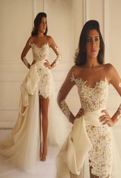 Maison Yeya Short Lace Wedding Dresses with Detachable Train 2021 Illusion Long Sleeve Sheer Neck Holiday Bridal Two Pieces Weddin6040993