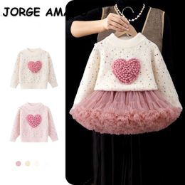 Spring Winter Kids Girl Sets Long Sleeves 3D Love Heart Knitwear Colour Pullover Sweater Mesh Mini Pure TUTU Skirt H1041 240301