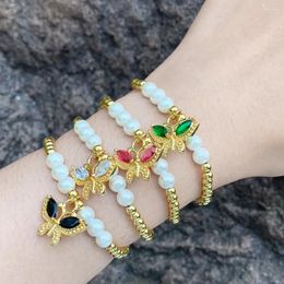 Charm Bracelets FLOLA Copper Gold Plated Beads Elastic For Women White Pearl CZ Crystal Butterfly Dainty Jewelry Gift Brtj04